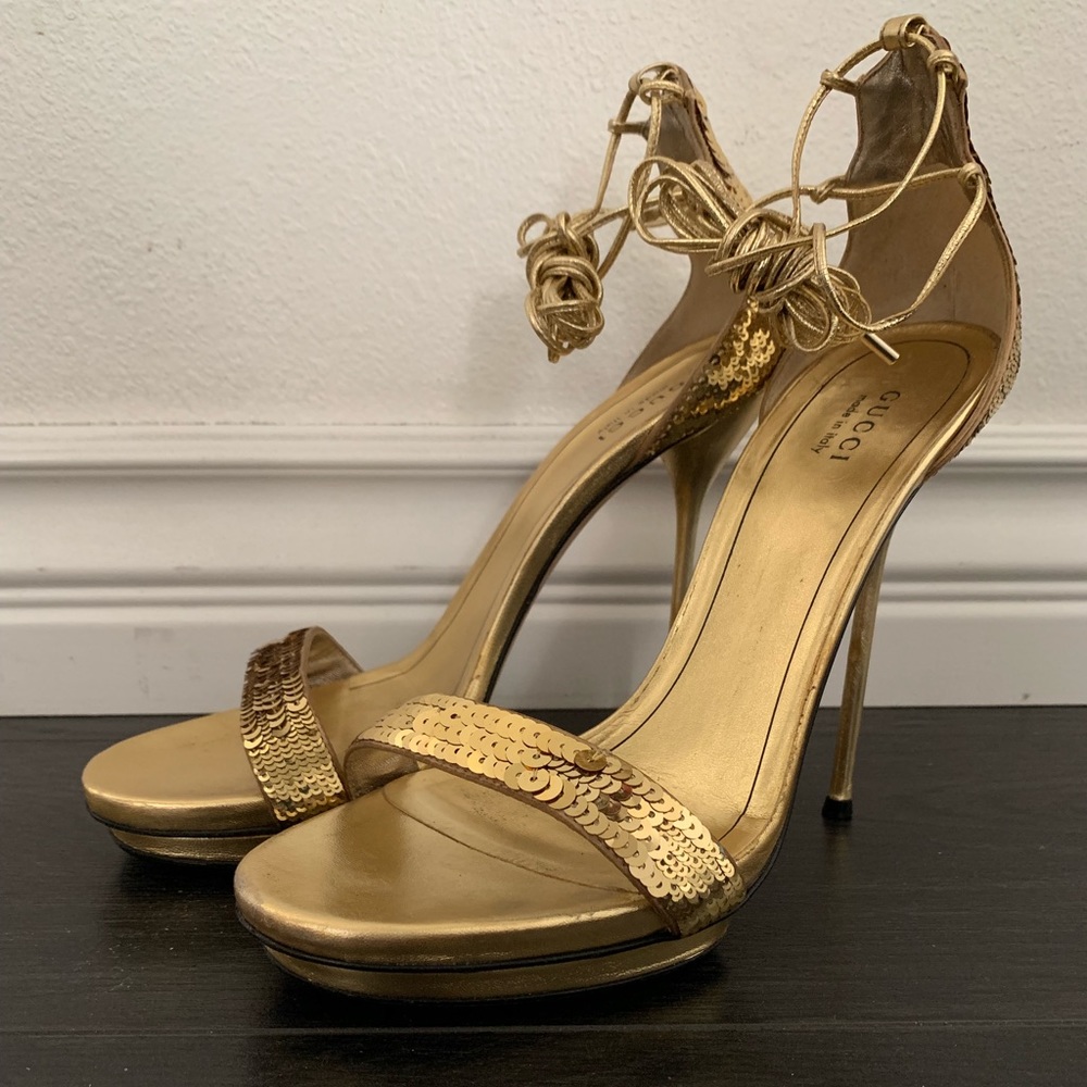Gucci Gold Sequin Strappy Stiletto Sandals